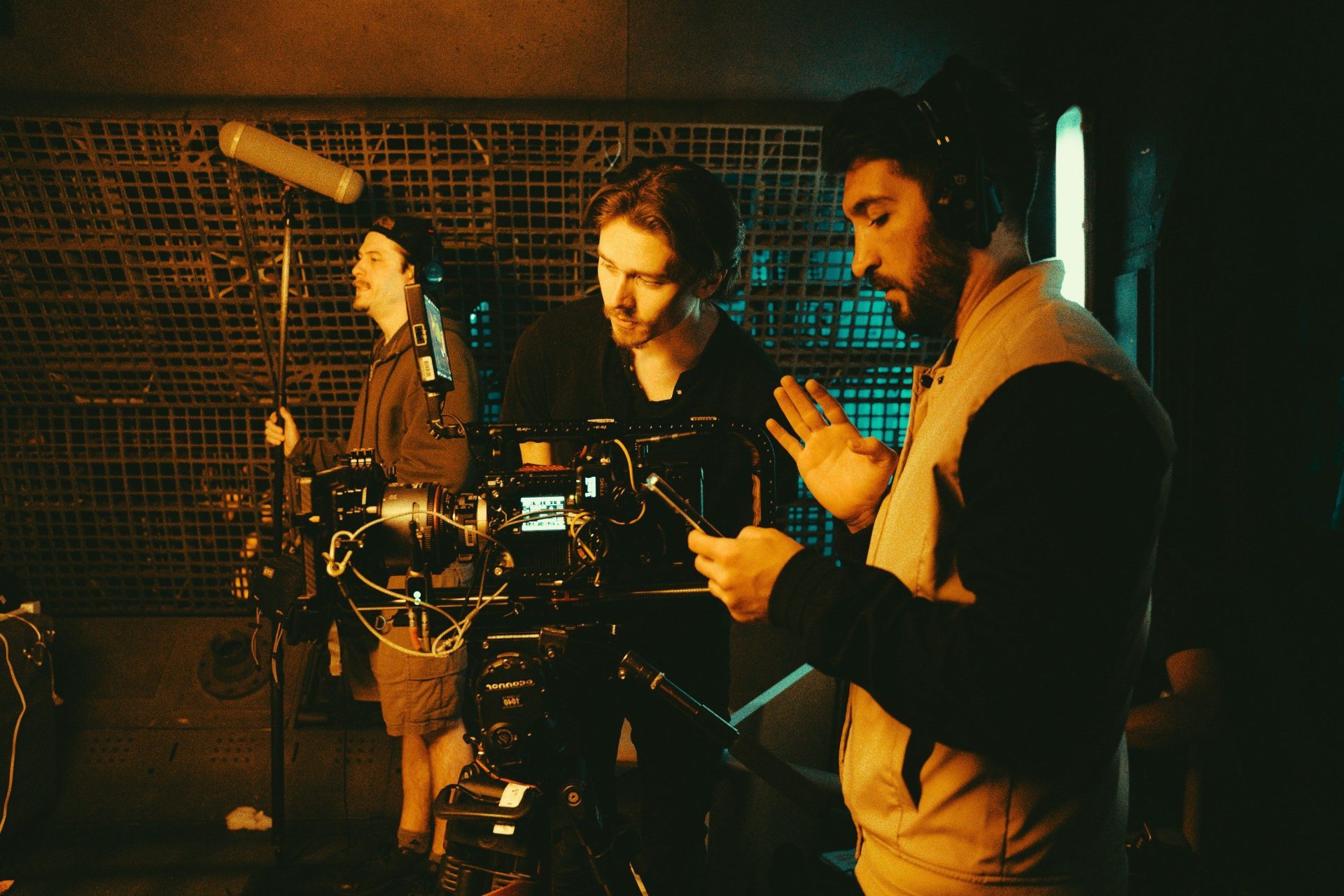 Film crew working with camera and microphones